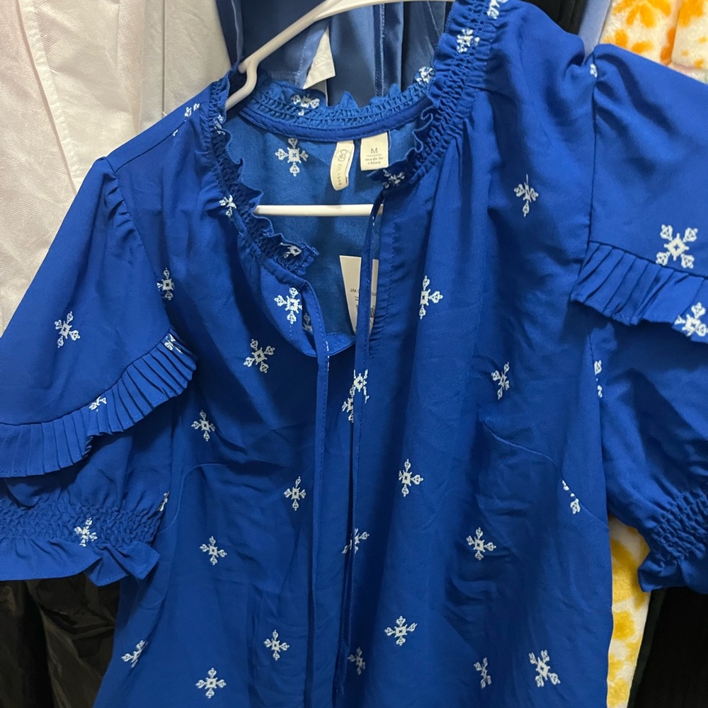 Cato Blue Blouse with White Embroidery